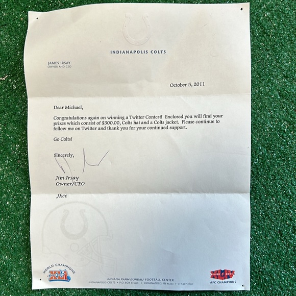 Indianapolis Colts Performance jacket sent by Colts w/ signed Irsay letter! - Picture 13 of 16